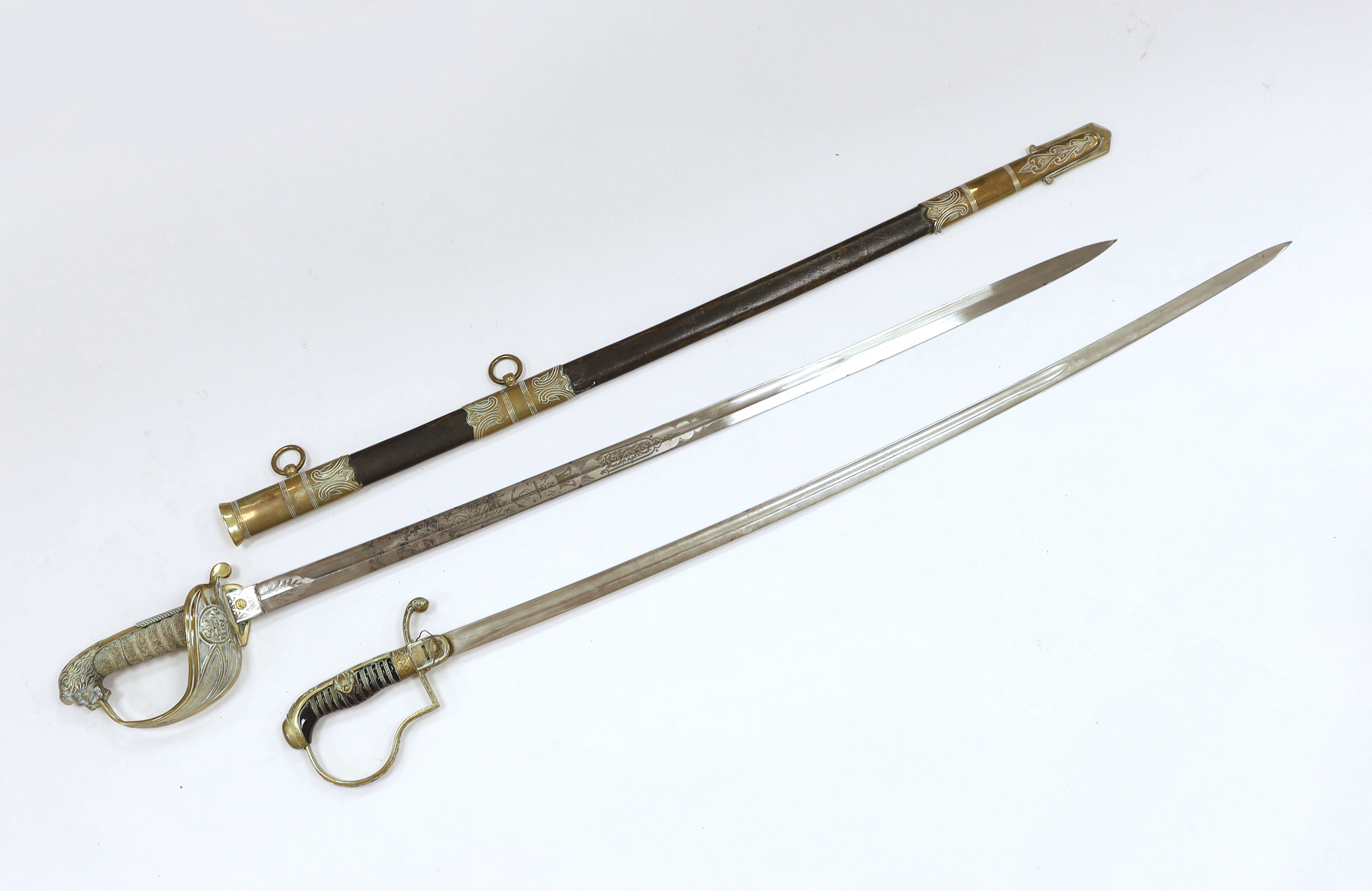 Victorian Royal Naval Reserves dress sword in brass and leather scabbard, blade 79.7cm and one other dress sword